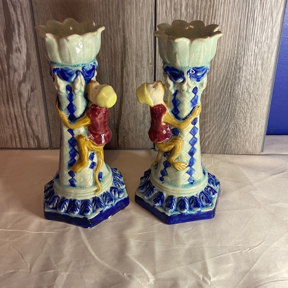 Vintage majolica grand millennial hanging monkey pillar candle holders - Picture 1 of 4